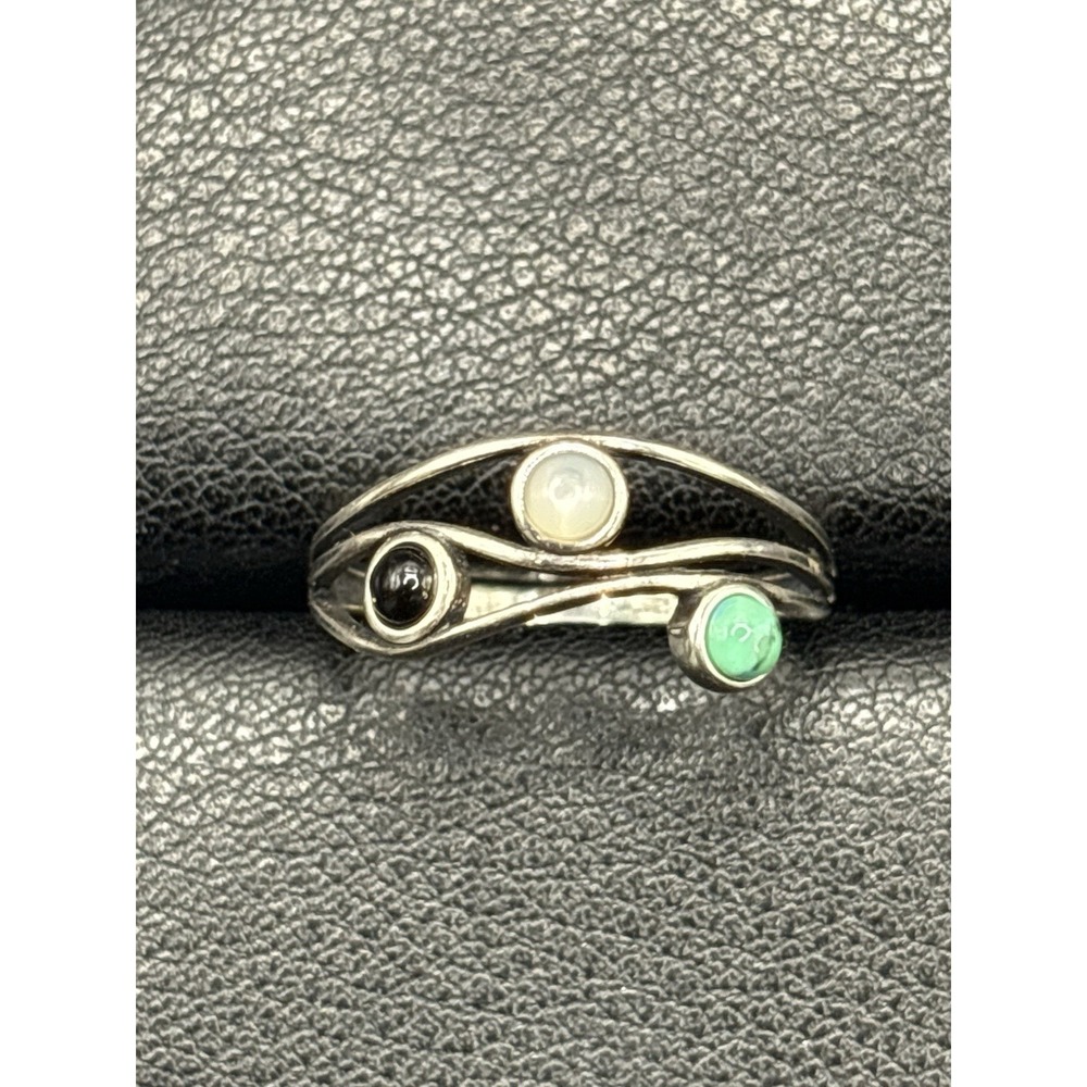 New Condition Sterling Silver Multi Gemstone Ring Size 6.75 Turquoise Onyx H4